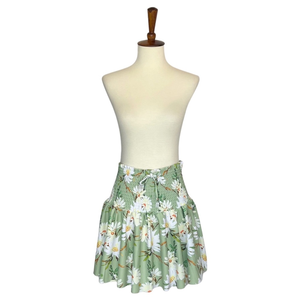Retro Pale Green Floral Shirred High Waist Drawstring Beach Skirt - Picture 7 of 16